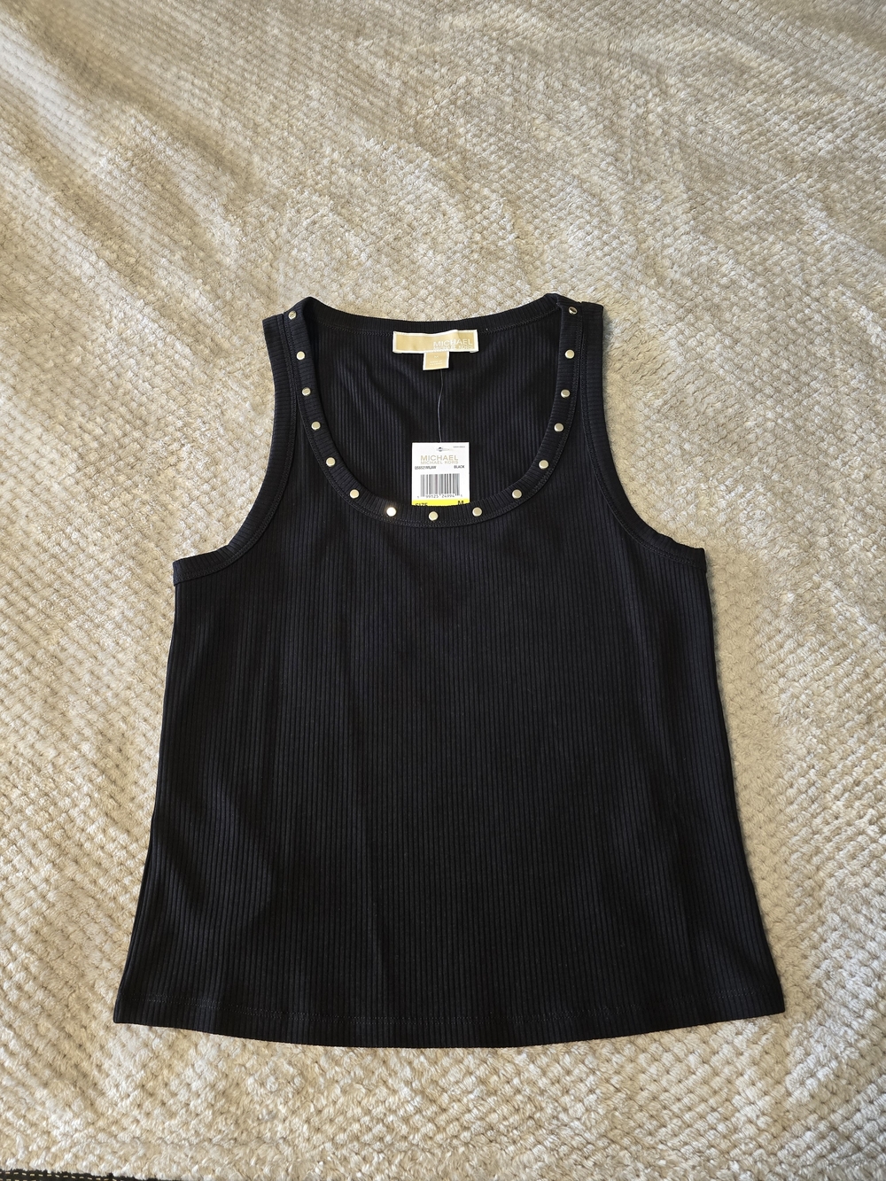Michael Kors Black Ribbed Tank with Gold Stud Accents